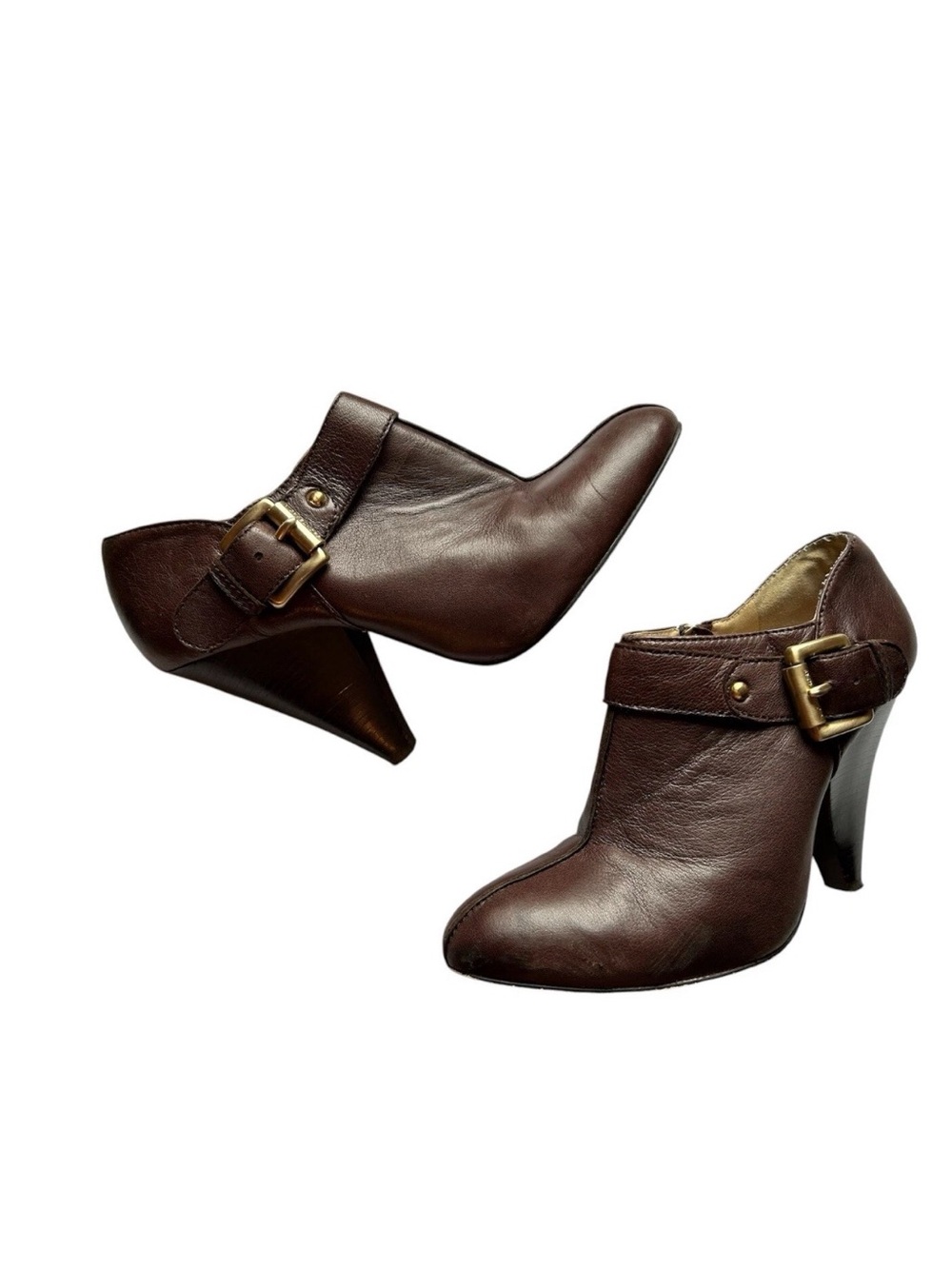 Michael Kors Logo Brown Fall Winter Leather Boho Wood Heel Boot Shoes 7.5 Ankle